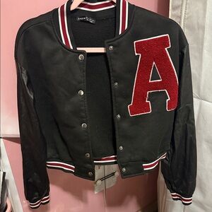 SHEIN Black Varsity Jacket with Red Patch